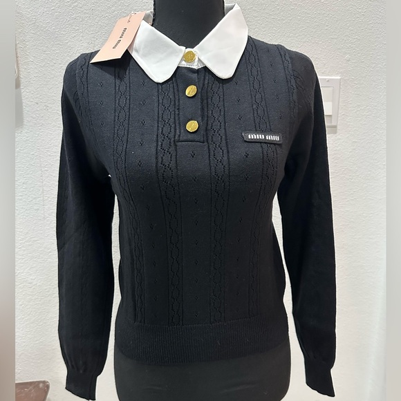 Miu Miu Sweaters - Miu Miu Black Knit Polo Sweater with White Collar and Gold Buttons